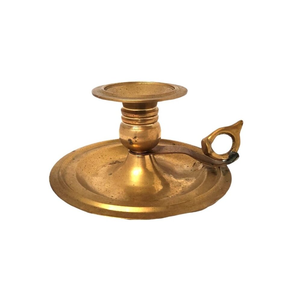 vintage solid brass chamber style candle stick holder with finger handle